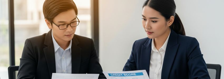 Business professional reviewing credit score report with financial advisor