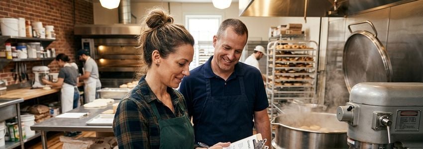 Bagel shop owner reviewing equipment financing paperwork next to a commercial deck oven and boiling kettle in a bakery kitchen