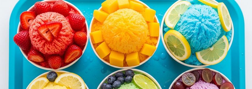 Colorful shaved ice desserts representing Bahama Buck's franchise investment