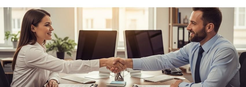 Professional bail bond agent and client shaking hands in a business office to finalize financing agreement