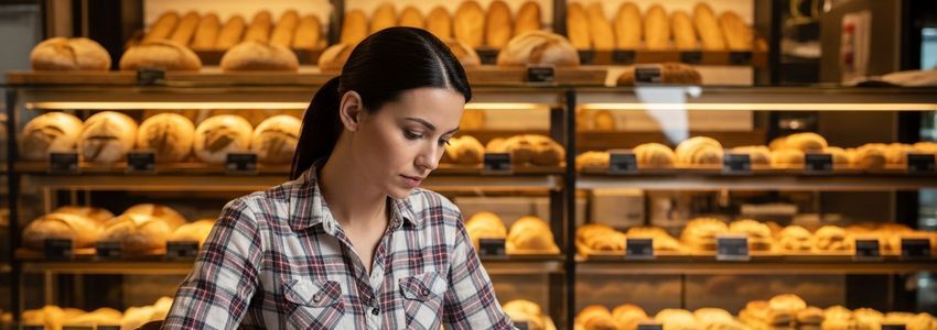 Bakery owner reviewing financing options for her bakery business with Crestmont Capital