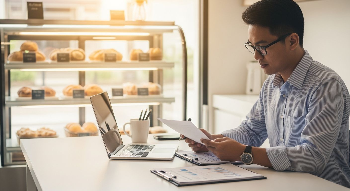 Bakery owner reviewing financing options at a desk inside a bakery