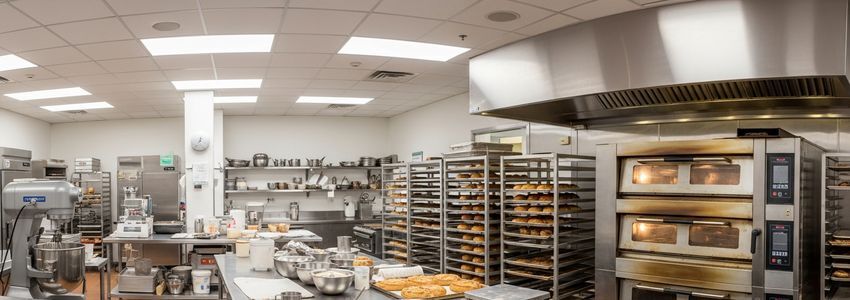 Bakery owner reviewing equipment financing options in professional commercial bakery kitchen