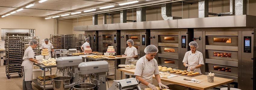 Commercial bakery kitchen with professional equipment and bakers at work