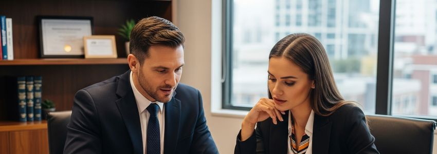 Business owner reviewing balance sheet documents with financial advisor at a professional office