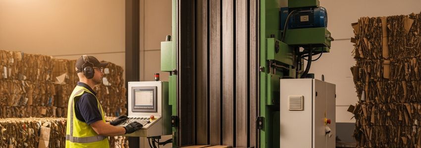 Warehouse operations manager reviewing baling machine controls at an industrial facility