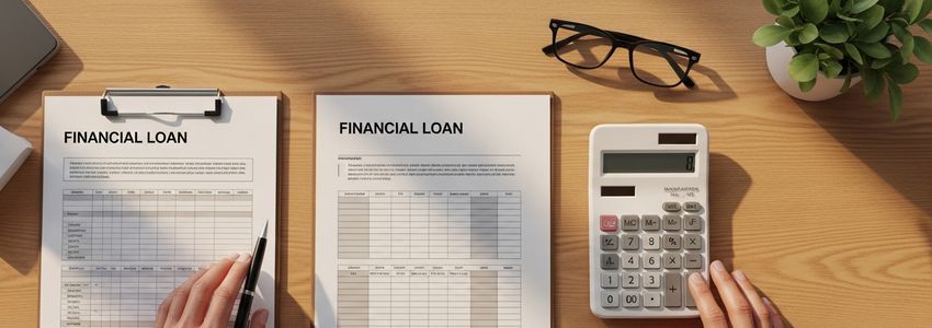 Business professionals reviewing loan amortization documents and financing options at a professional desk