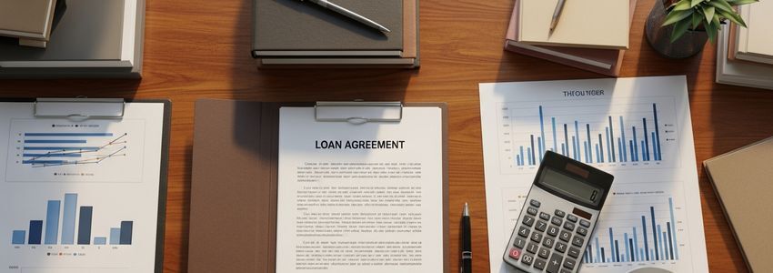 Business professional reviewing loan agreement documents at office desk - balloon payment risk assessment