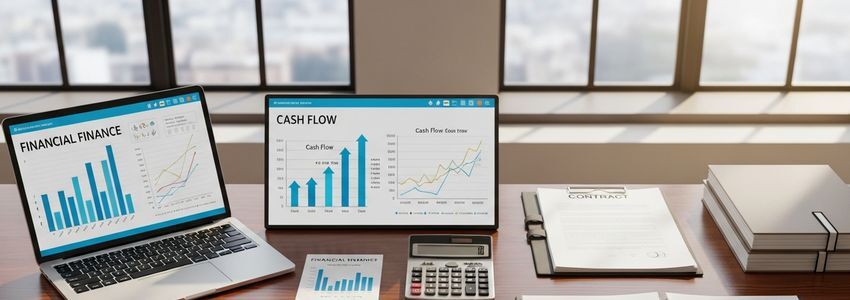Business professionals reviewing loan documents and cash flow charts in a modern office setting