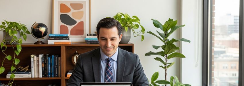 Business owner reviewing loan refinancing options at a modern office desk