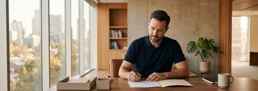 Small business owner reviewing financing paperwork at a desk to cover payroll during a bank account freeze