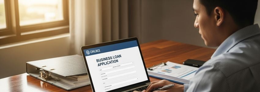 Small business owner applying for a loan online, comparing bank loan vs online lender options