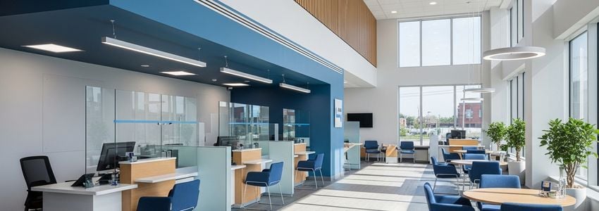 Small business owner meeting with a bank loan officer in a modern bank branch
