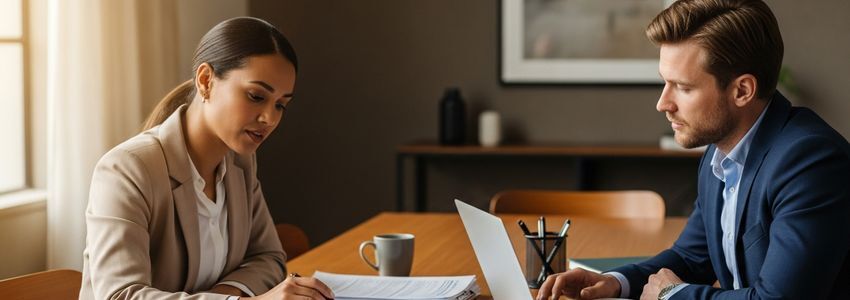 Business owner and banker reviewing bank statements together at a conference table, both looking at documents and a laptop in a professional office setting.