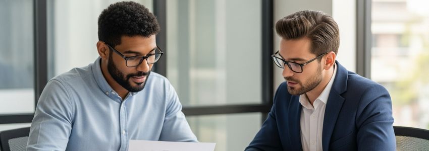 Business professional reviewing bank statements with financial advisor at an office desk