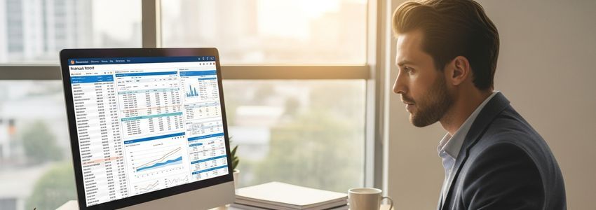 Small business owner reviewing bank statements and financial data for a bank statement loan application