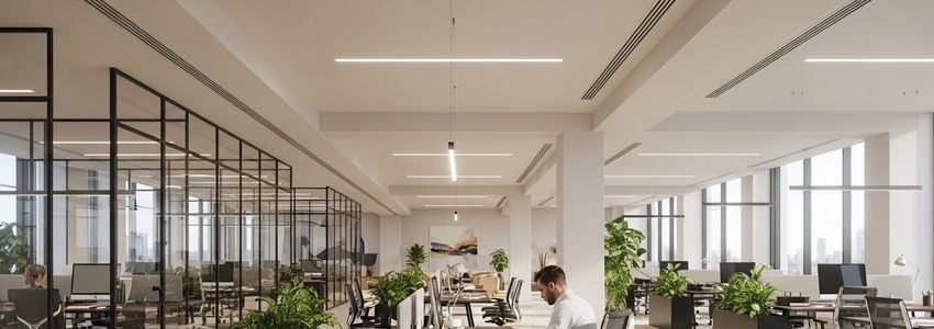 Business professional reviewing bank statements and financial documents in a modern office setting