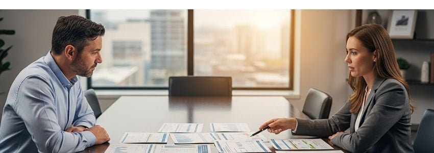 A loan officer reviewing bank statements with a business owner at a conference table