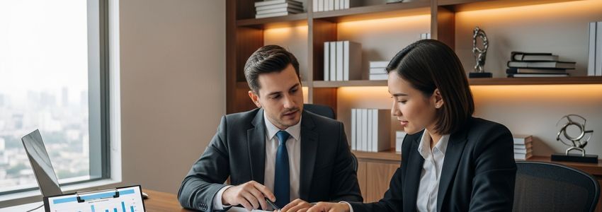 Small business owner and banker reviewing financial documents and building a strong banking relationship