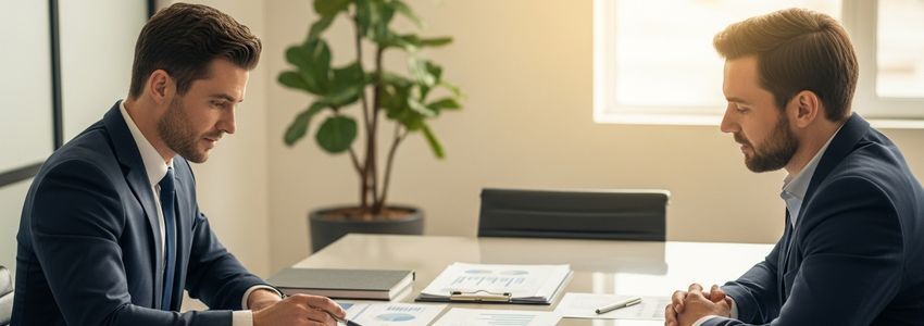 Business owner meeting with financial advisor to discuss loan options after bankruptcy