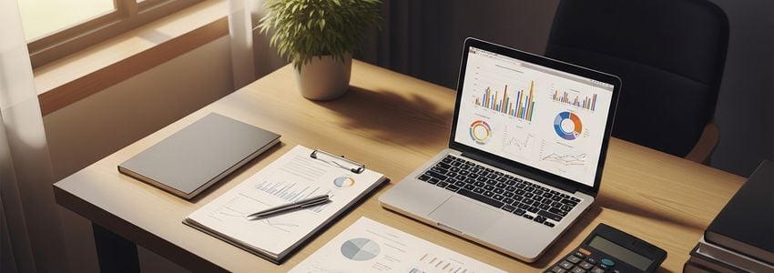 Business professional reviewing financial documents on a desk with charts and a laptop, representing business financing after bankruptcy
