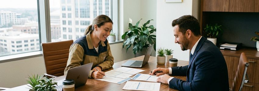 A business owner reviewing financial documents with a financial advisor to assess debt and cash flow challenges