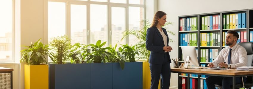 Business owner and financial advisor reviewing loan requirements at an office desk