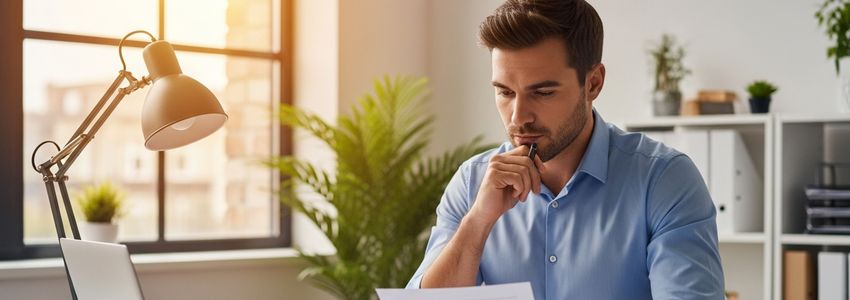 Small business owner reviewing financial documents at a modern office desk, evaluating business loan options