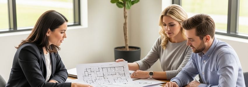Event venue planner reviewing banquet hall financing options with clients at a conference table