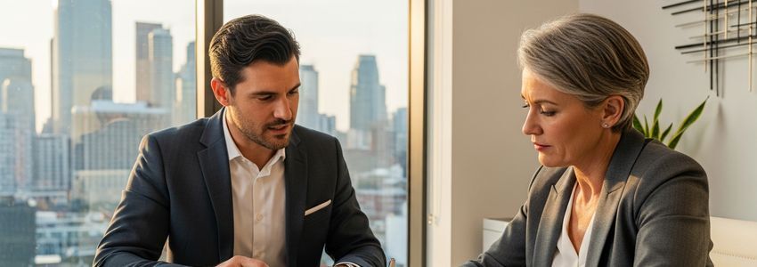 Bar owner reviewing financing options with a business loan advisor in a professional office setting