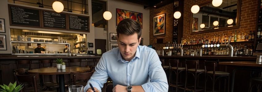 Bar Louie franchise owner reviewing loan documents at restaurant