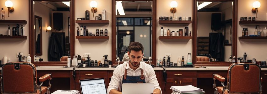 Barbershop owner reviewing business loan paperwork at desk inside barbershop