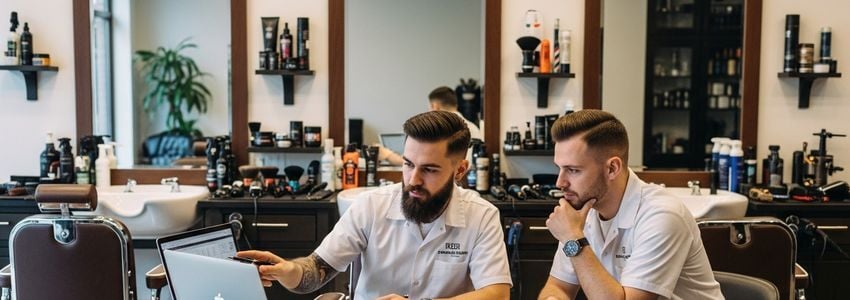 Barber shop owners reviewing business loan options with a financial advisor