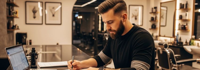 Barbershop owner reviewing business loan documents at the front desk