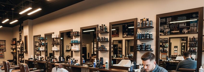 Barbershop owner reviewing equipment financing options in a modern barbershop setting