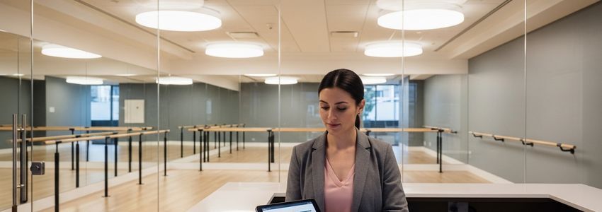 Barre studio owner reviewing financing options at her studio