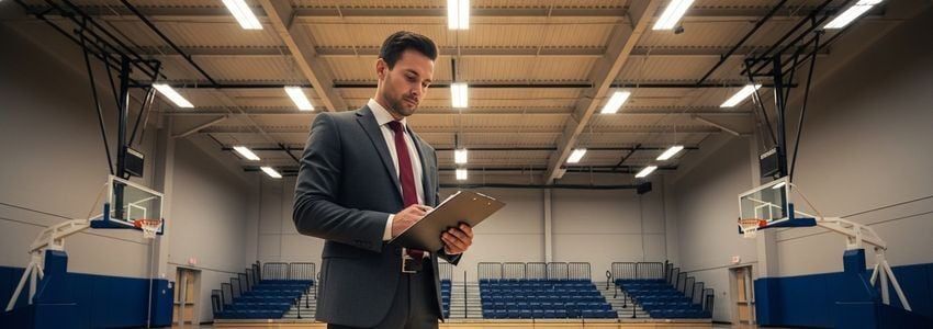 Sports facility owner reviewing basketball court equipment financing options at a commercial gym