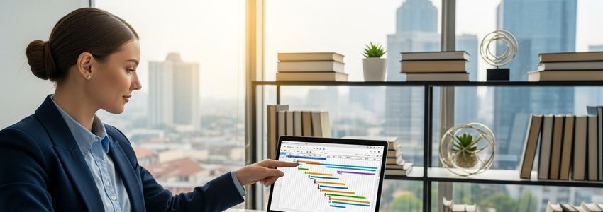 Business owner reviewing project timeline and financial data on laptop in modern office