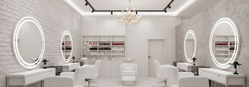 Professional beauty and nail salon interior with modern salon equipment and styling stations