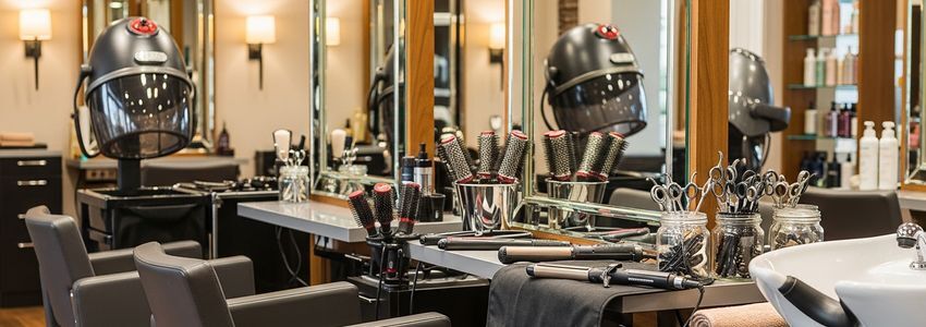 Professional beauty parlor equipment including styling chairs, dryers, and salon tools ready for financing