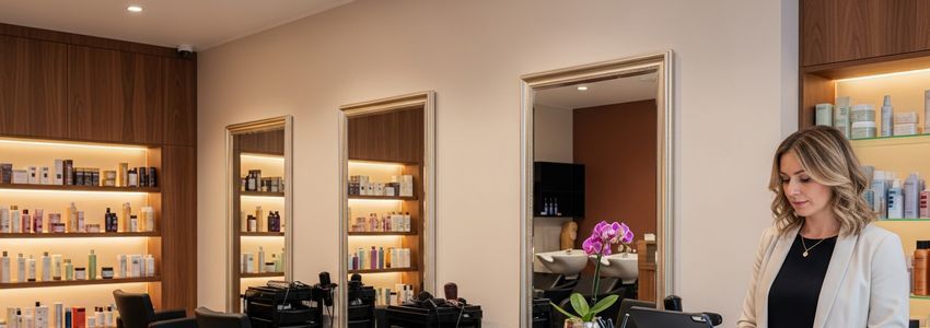 Beauty salon owner reviewing financing options at salon reception desk