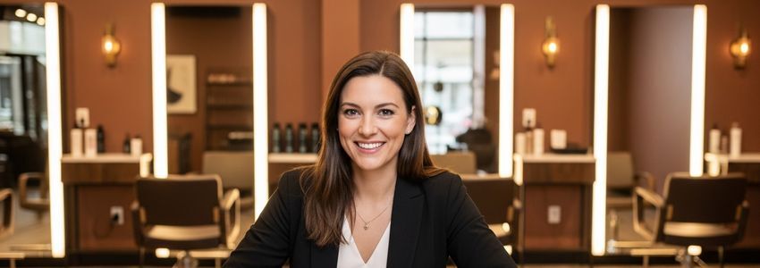 Beauty salon owner reviewing financing options at reception desk