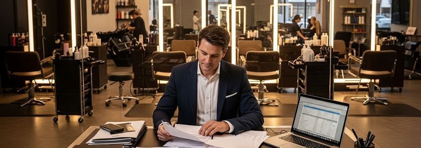 Beauty school owner reviewing business financing options at a modern cosmetology school