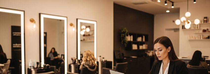 Salon owner reviewing beauty shop equipment financing documents at reception desk
