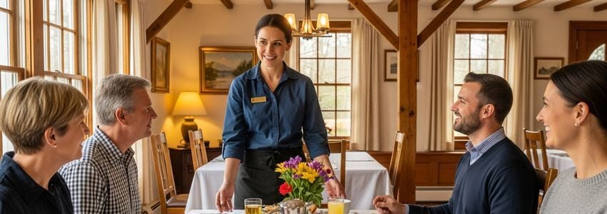 Innkeeper presenting breakfast to guests at a charming bed and breakfast inn dining room