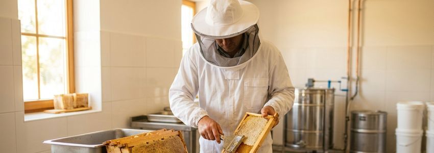 Commercial beekeeper in protective suit inspecting hive frames next to stainless steel honey extraction equipment