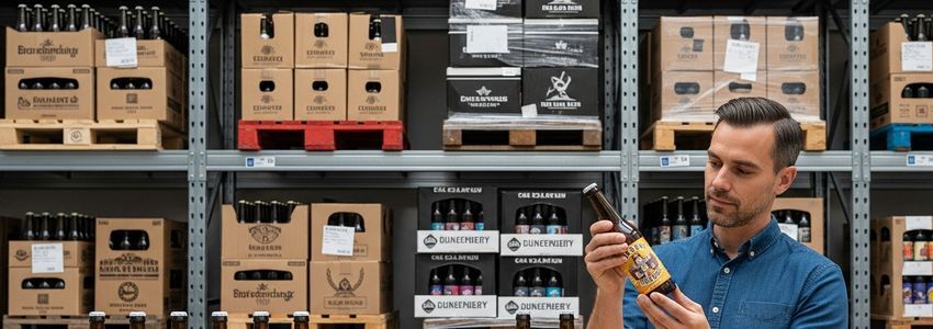 Beer brand business owner reviewing inventory and distribution plans in a commercial warehouse
