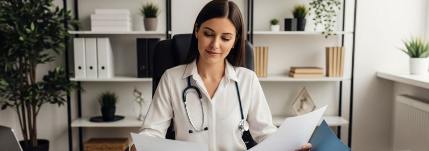 Behavioral health professional reviewing financing options at a modern counseling practice office