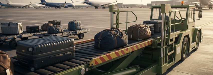 Belt loader at an airport ramp loading aircraft baggage - belt loader financing for aviation businesses