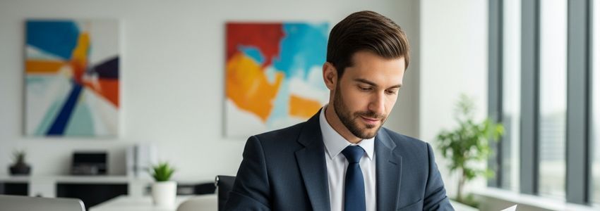 Franchise business owner reviewing financing documents at a modern office desk